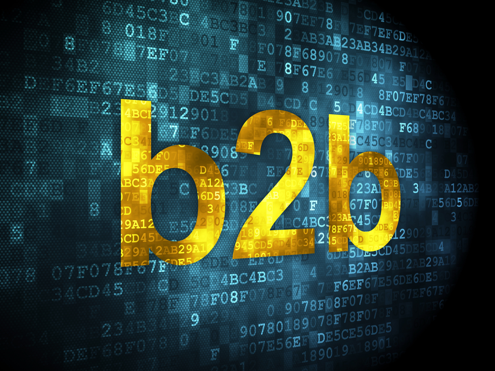 b2b online marketing image with the word "b2b" in yellow amid a background of blue blocks