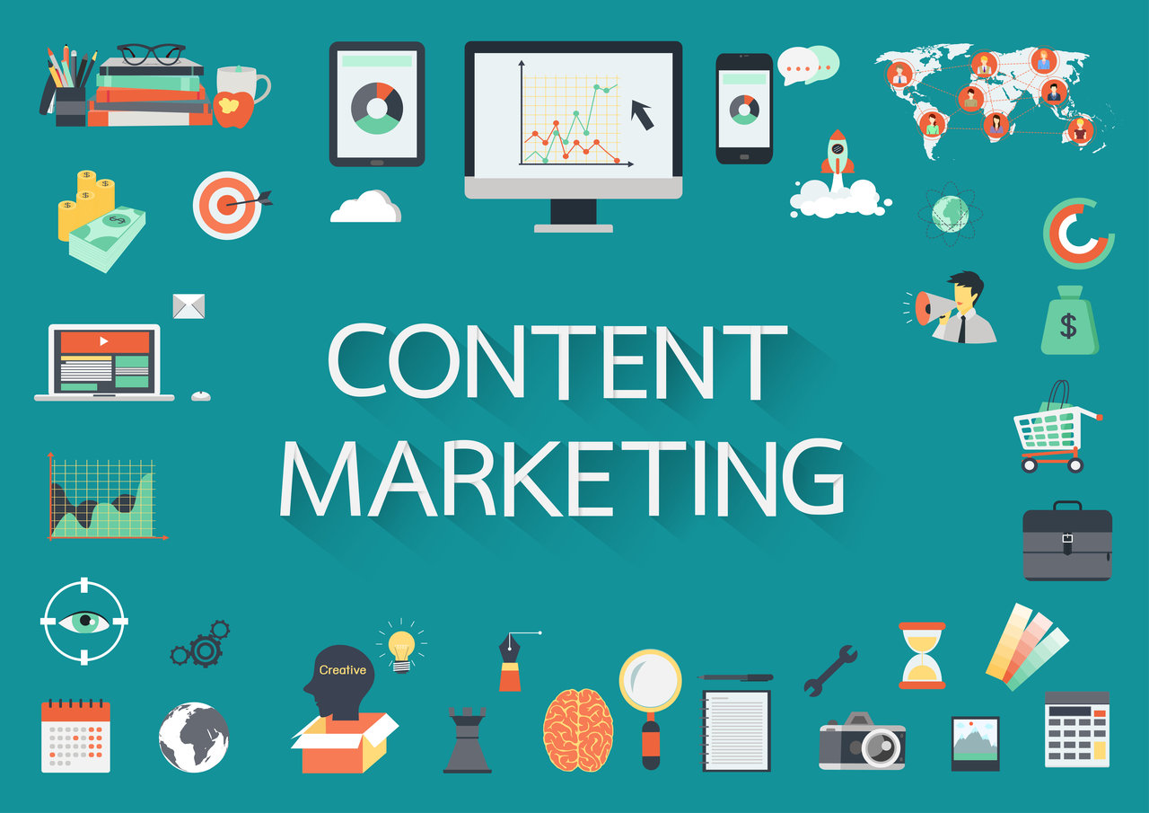 b2b content marketing image with "content marketing" surrounded by various technology icons
