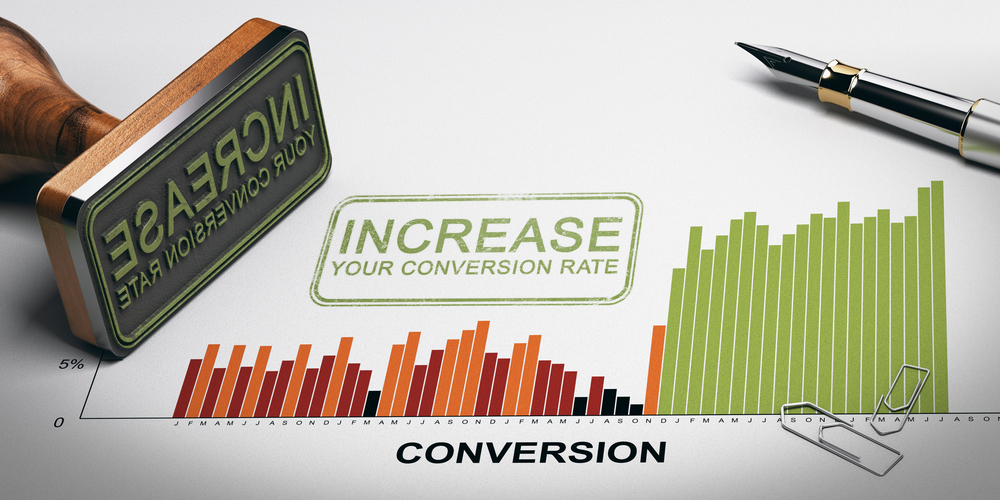 lead conversion rate image showing the word "increase" stamped across a bar graph titled "conversion"